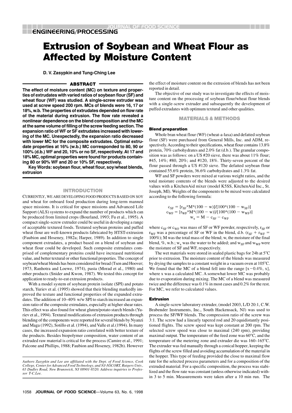 Extrusion of Soybean and Wheat Flour As Affected by Moisture Content