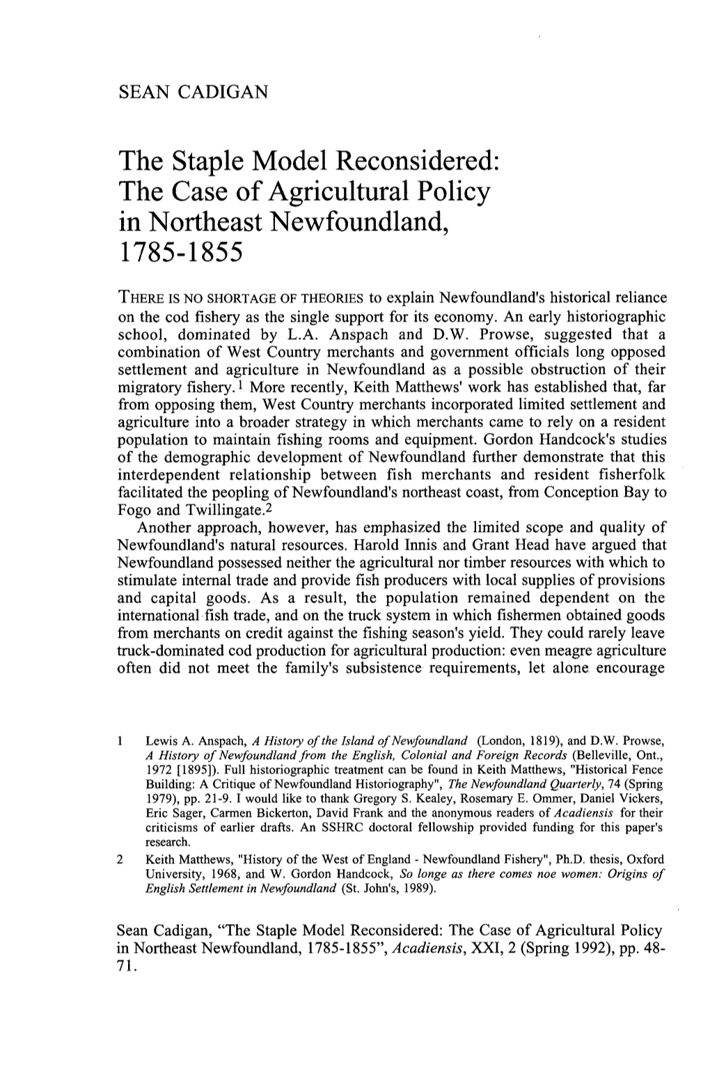 The Case of Agricultural Policy in Northeast Newfoundland, 1785-1855