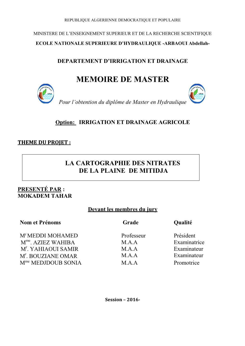 Cartographie Des Nitrates De La Plaine De Mitidja