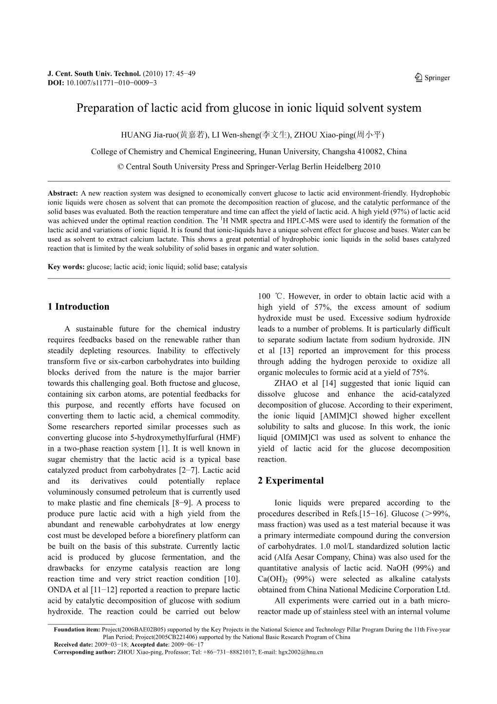 Preparation of Lactic Acid from Glucose in Ionic Liquid Solvent System