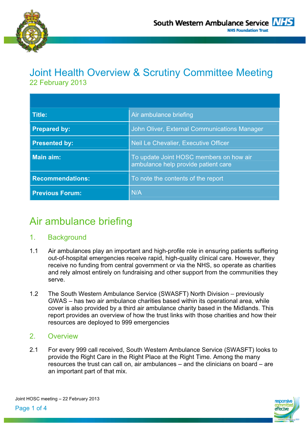 Joint Great Western Ambulance Overview and Scrutiny Committee