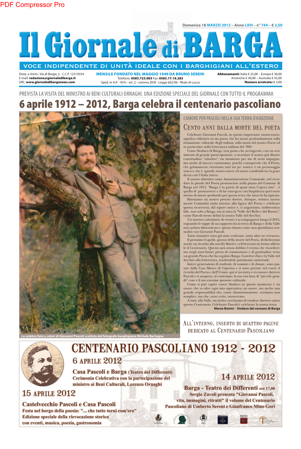 2012, Barga Celebra Il Centenario Pascoliano