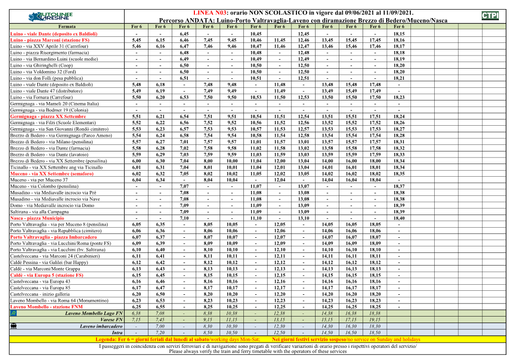 LINEA N03: Orario NON SCOLASTICO in Vigore Dal 09/06/2021 Al 11/09/2021
