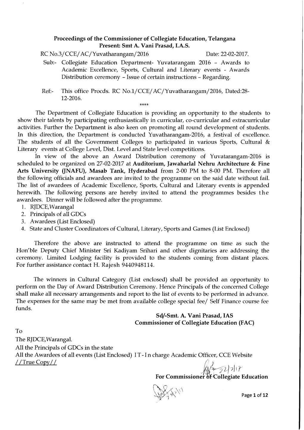 Yuvatarangam 2076 - Awards to Academic Excellence, Sports, Cultural and Literary Events - Awards Distribution Ceremony - Issue of Certain Instructions - Regarding