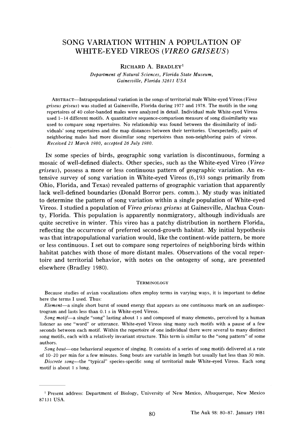 Song Variation Within a Population of White-Eyed Vireos (Vireo Griseus)