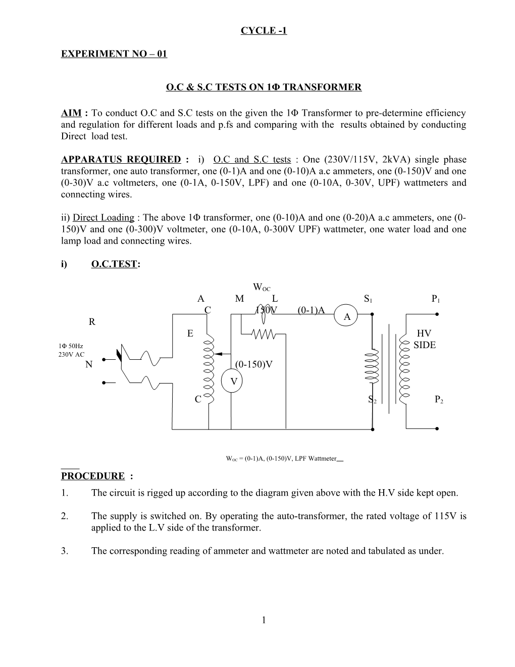 O.C & S.C Tests on 1Φ Transformer