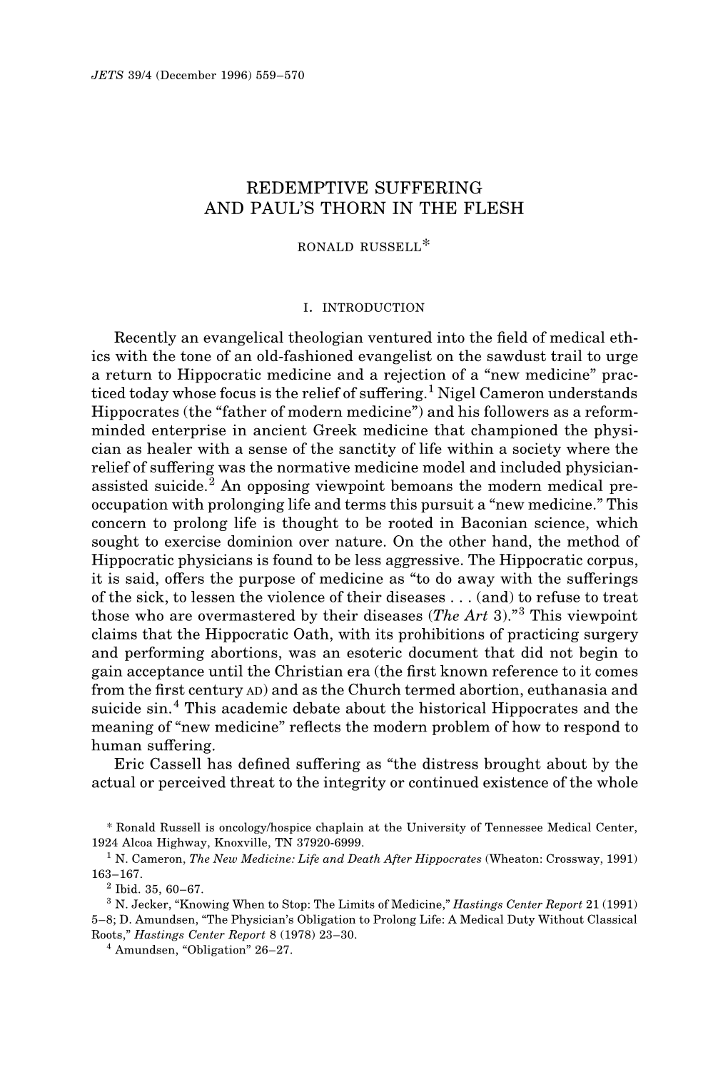 Redemptive Suffering and Paul's Thorn in the Flesh . . . Ronald Russell