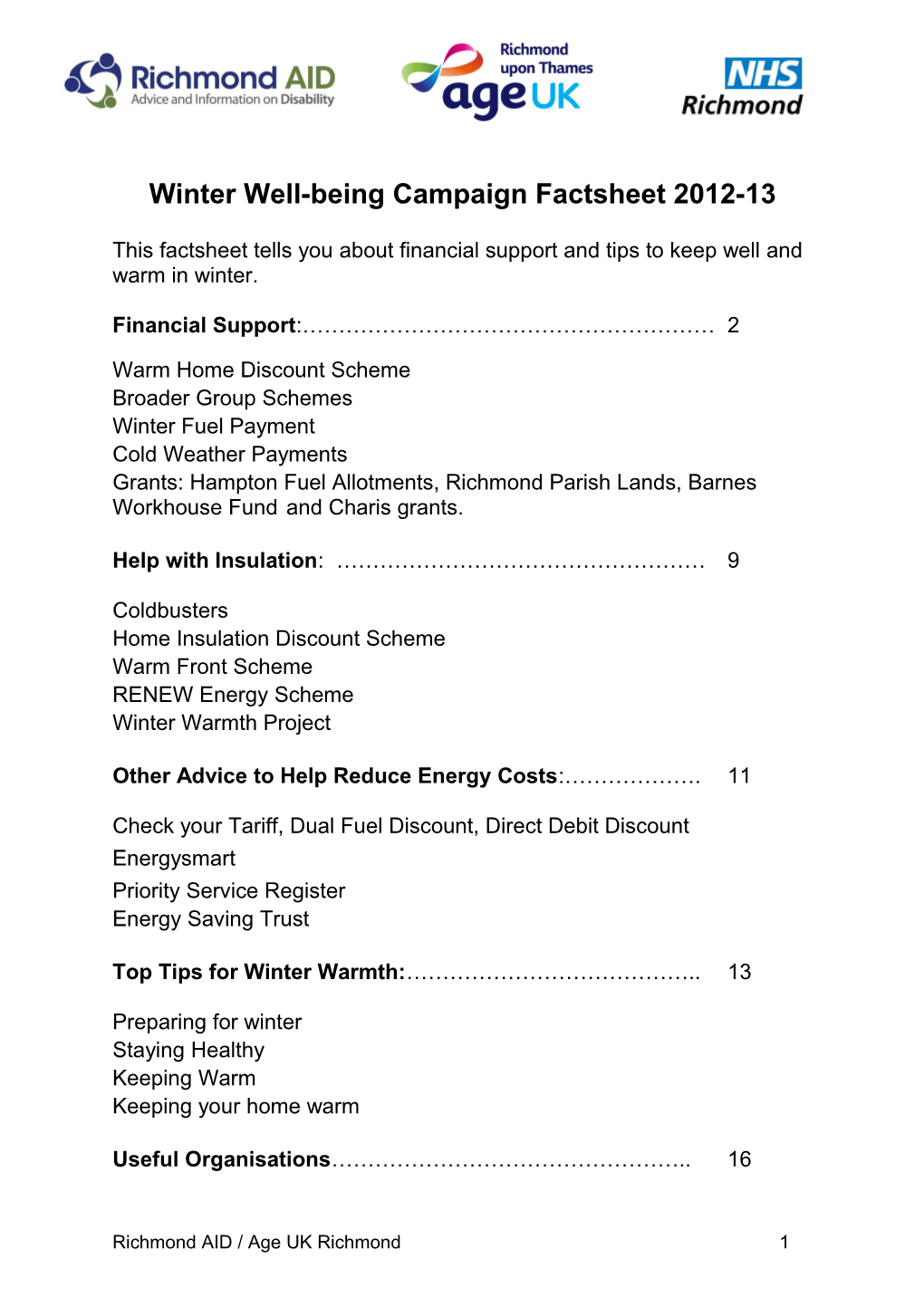 Winter Well-Being Campaign Factsheet 2012-13