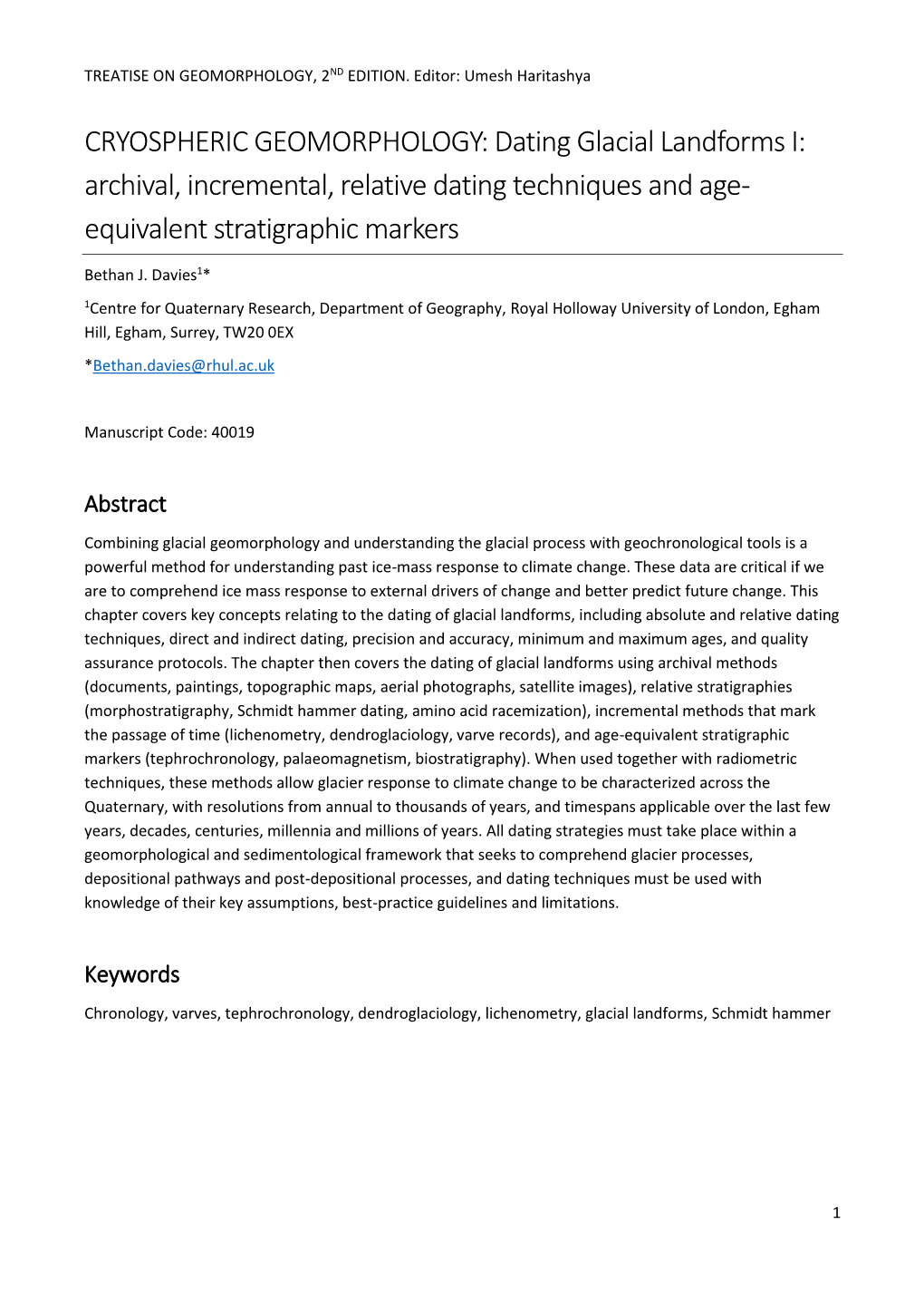 Dating Glacial Landforms I: Archival, Incremental, Relative Dating Techniques and Age- Equivalent Stratigraphic Markers