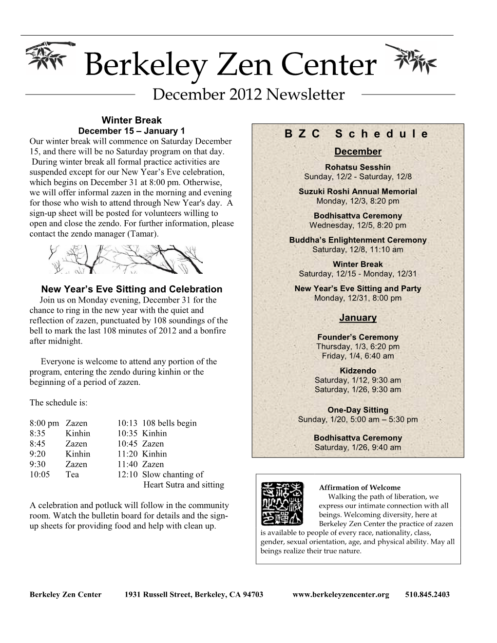 Berkeley Zen Center December 2012 Newsletter