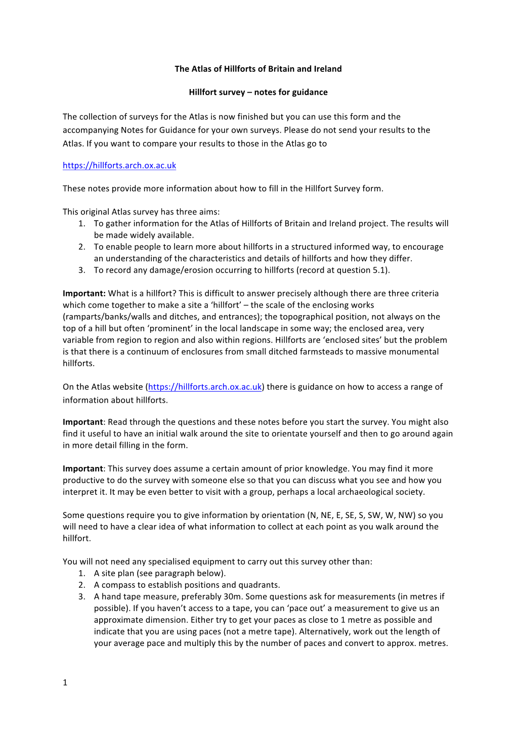 1 the Atlas of Hillforts of Britain and Ireland Hillfort Survey – Notes For