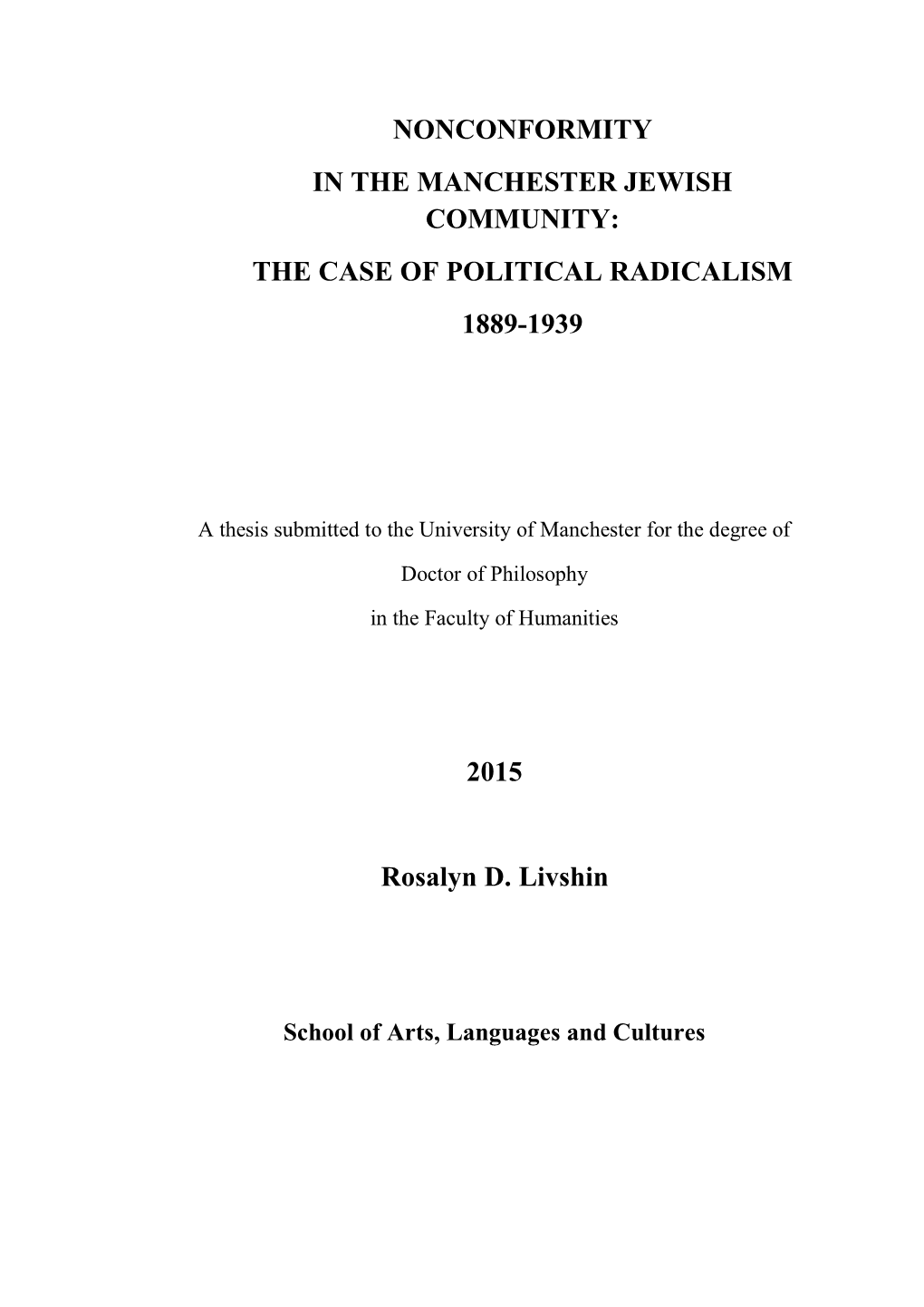 Nonconformity in the Manchester Jewish Community: the Case of Political Radicalism 1889-1939