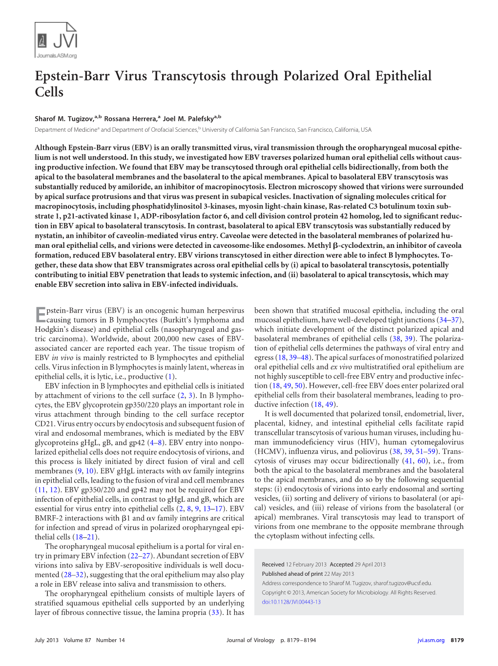 Epstein-Barr Virus Transcytosis Through Polarized Oral Epithelial Cells