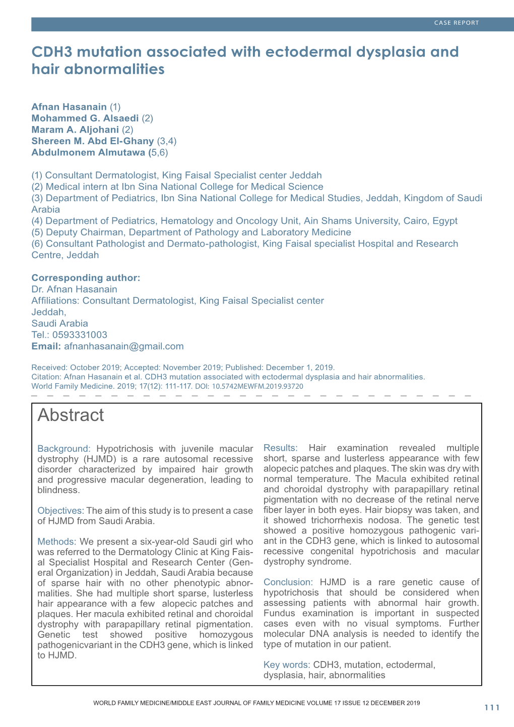 CDH3 Mutation Associated with Ectodermal Dysplasia and Hair Abnormalities