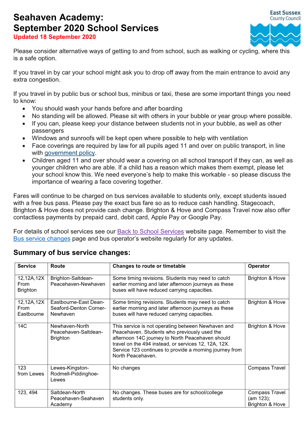 Seahaven Academy: September 2020 School Services Updated 18 September 2020