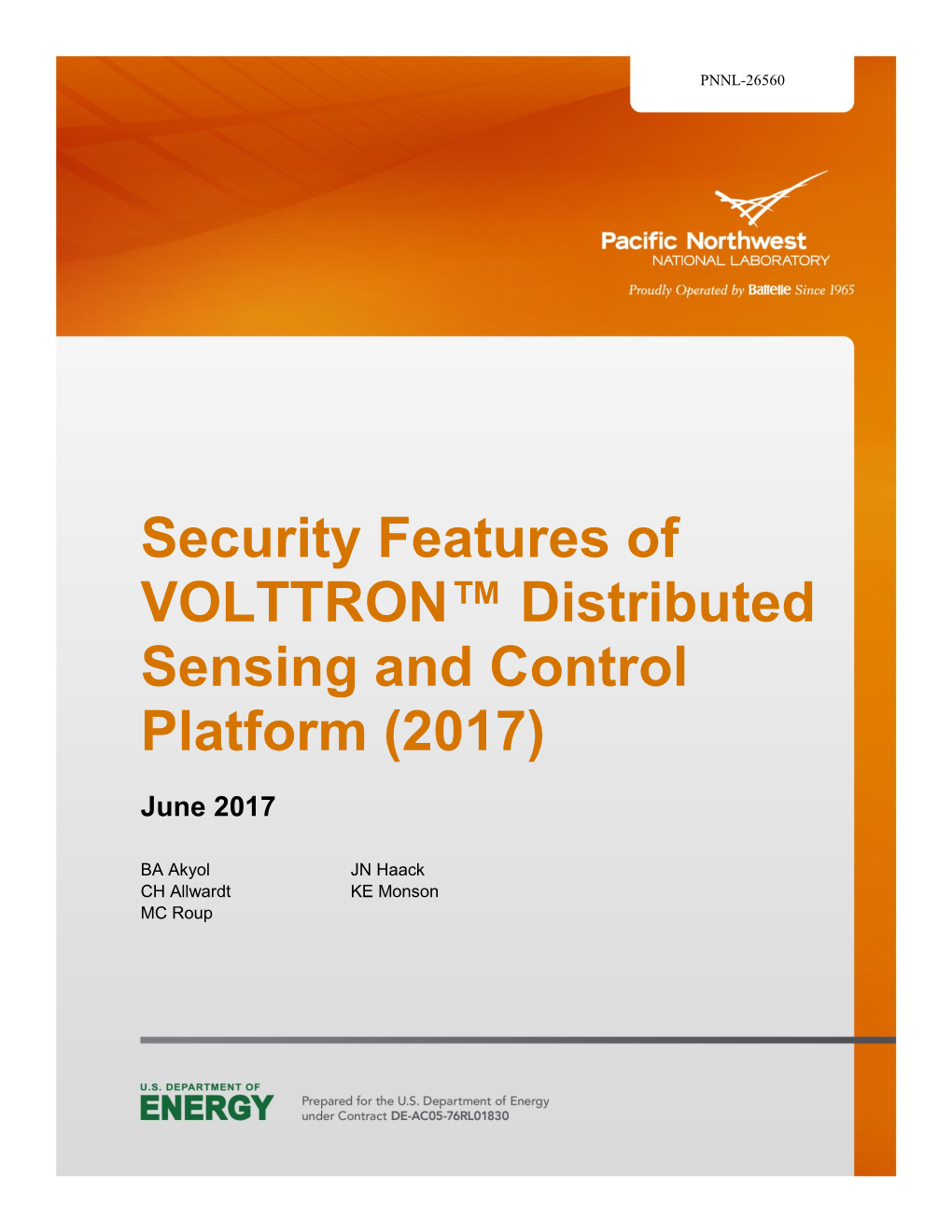 Security Features of VOLTTRON™ Distributed Sensing and Control Platform (2017)