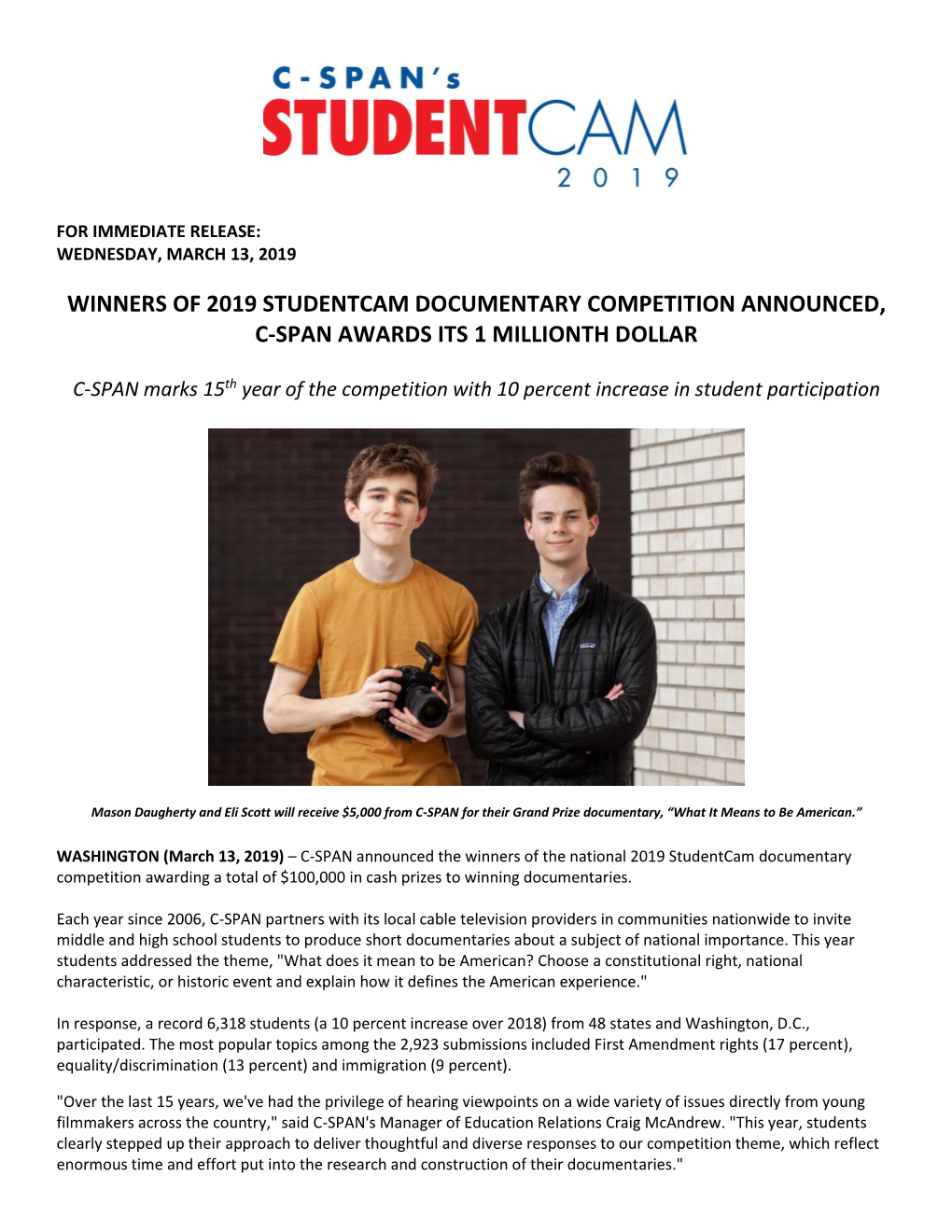 C-SPAN Announces Winners of 2019 Studentcam Documentary Competition