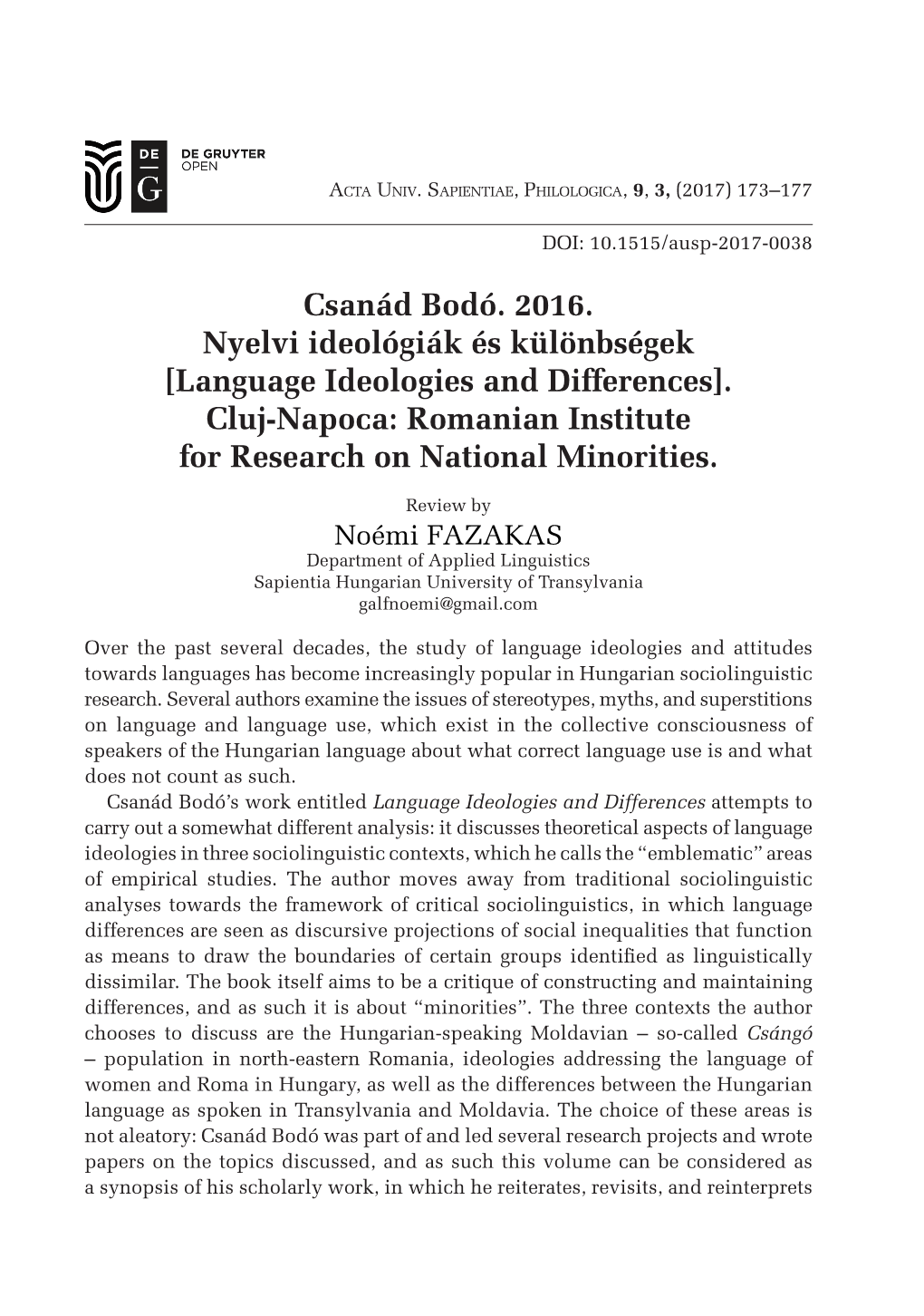 Csanád Bodó. 2016. Nyelvi Ideológiák És Különbségek [Language Ideologies and Differences]