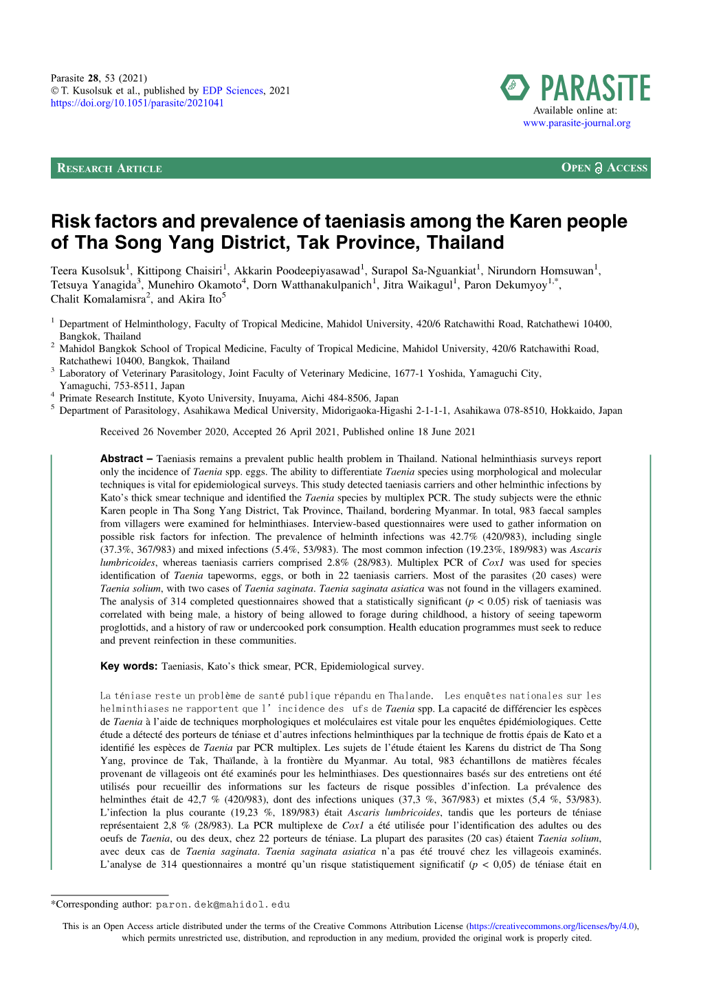 Risk Factors and Prevalence of Taeniasis Among the Karen People of Tha Song Yang District, Tak Province, Thailand