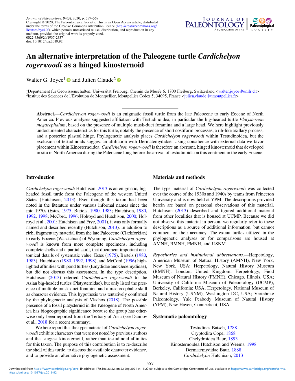 An Alternative Interpretation of the Paleogene Turtle Cardichelyon Rogerwoodi As a Hinged Kinosternoid