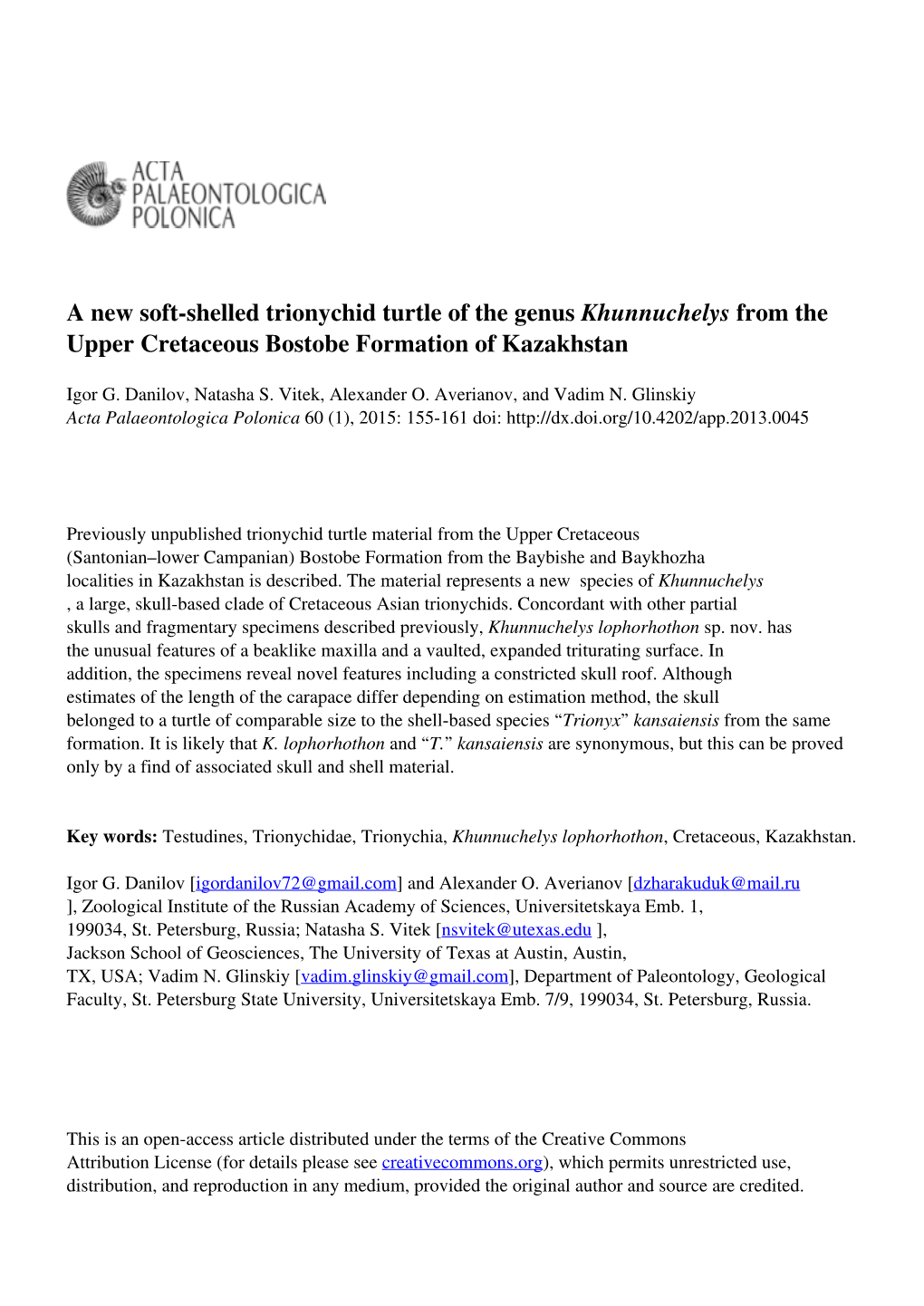 A New Soft-Shelled Trionychid Turtle of the Genus Khunnuchelys from the Upper Cretaceous Bostobe Formation of Kazakhstan