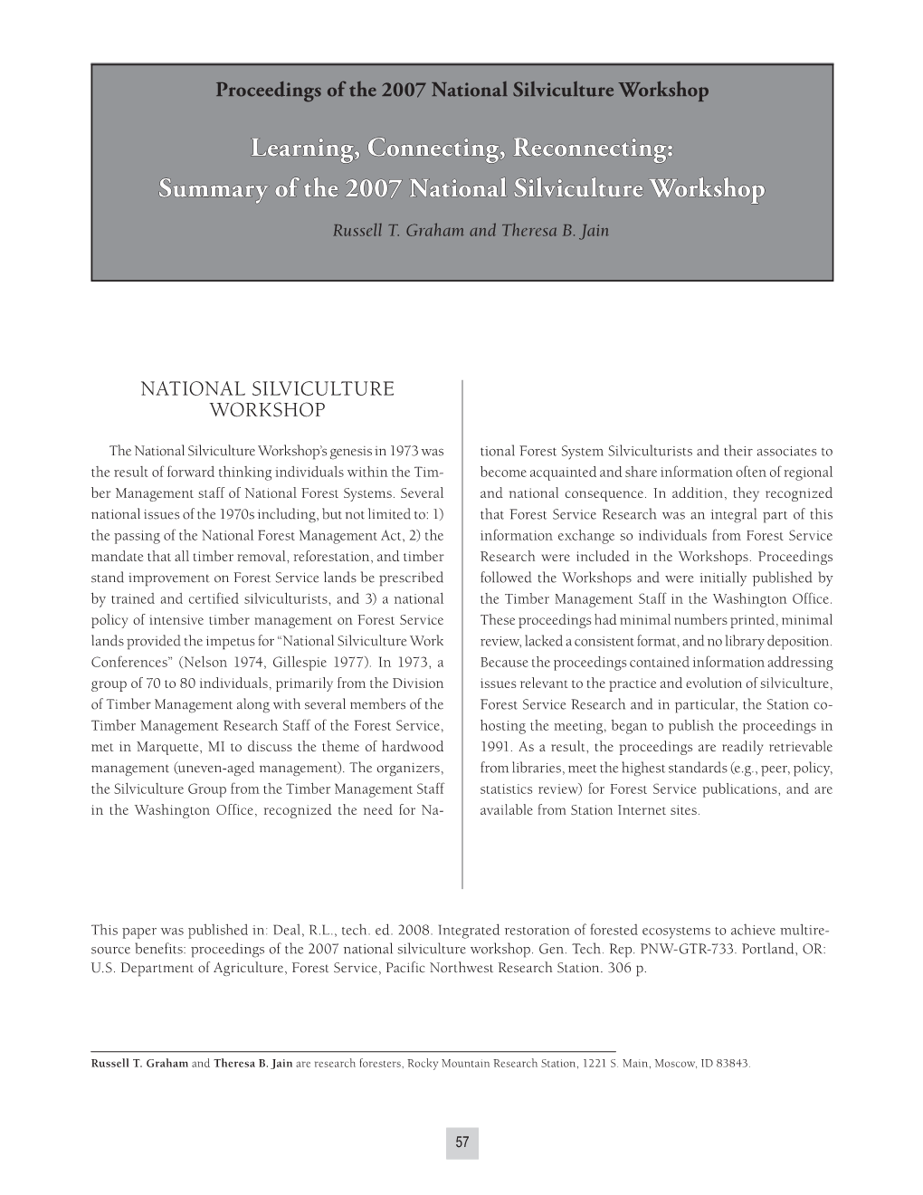 Summary of the 2007 National Silviculture Workshop Russell T