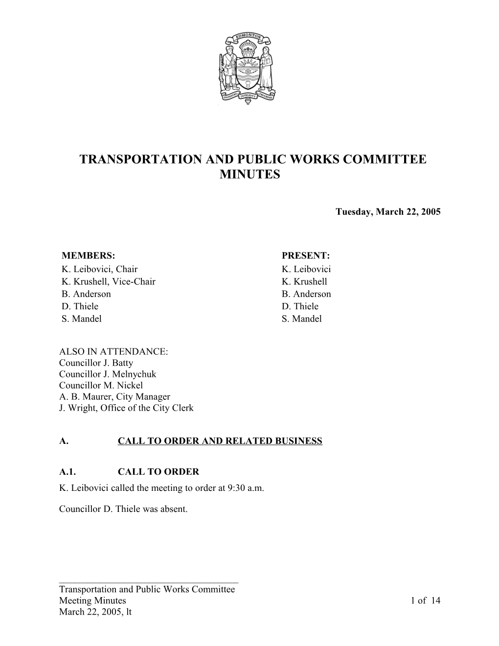 Minutes for Transportation and Public Works Committee March 22, 2005 Meeting