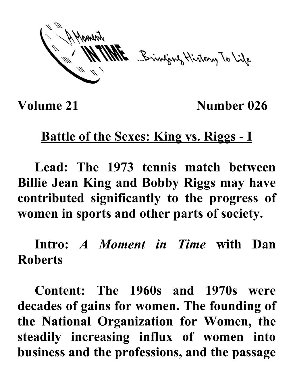 Volume 21 Number 026 Battle of the Sexes: King Vs. Riggs