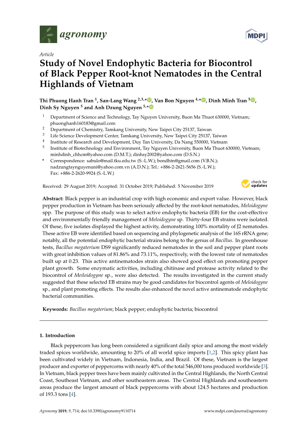 Study of Novel Endophytic Bacteria for Biocontrol of Black Pepper Root-Knot Nematodes in the Central Highlands of Vietnam
