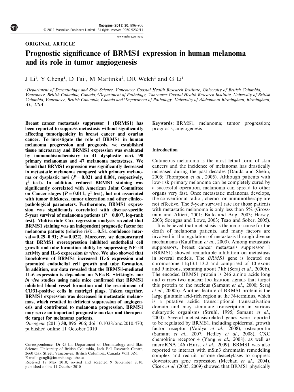 Prognostic Significance of BRMS1 Expression in Human Melanoma