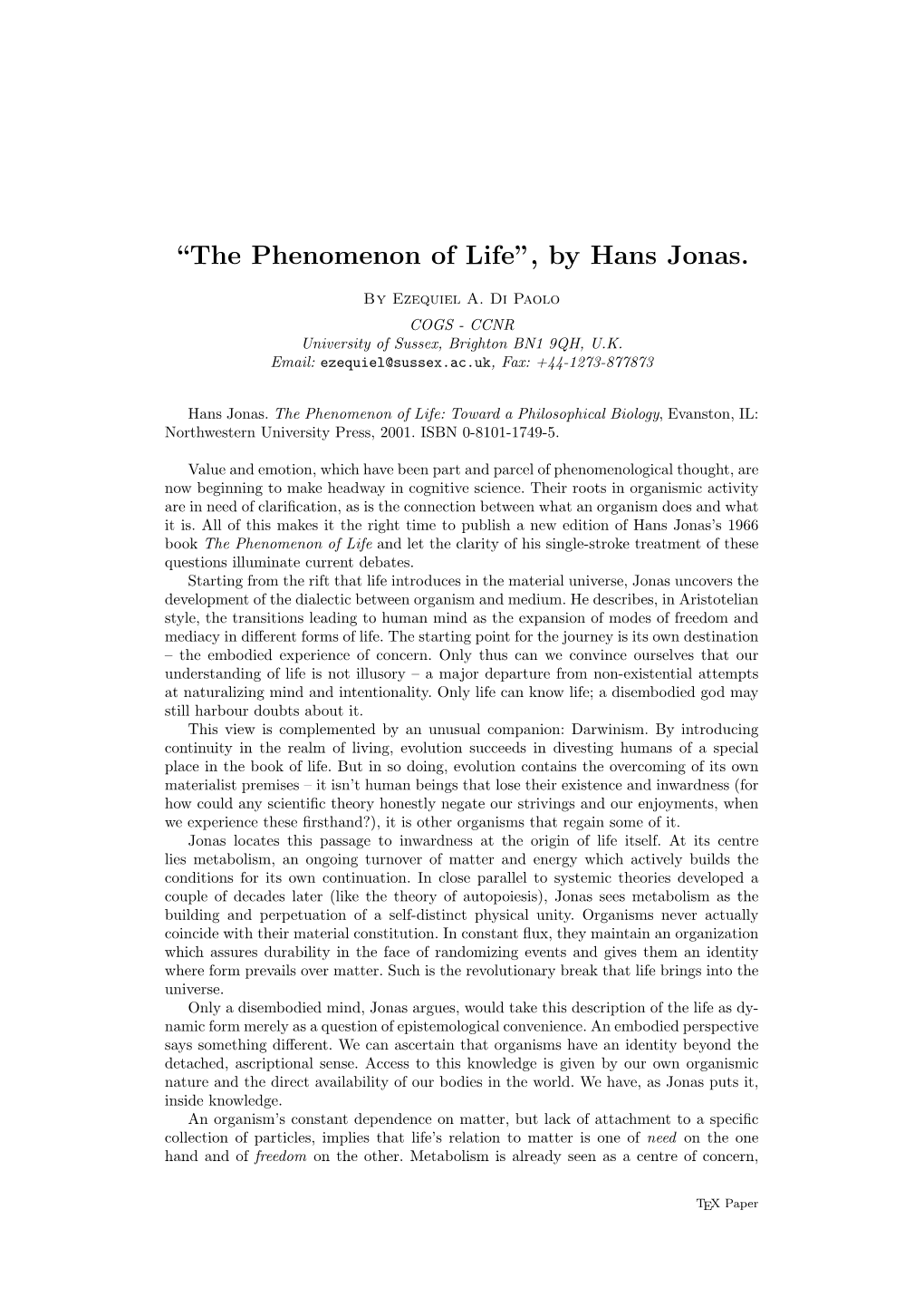 “The Phenomenon of Life”, by Hans Jonas