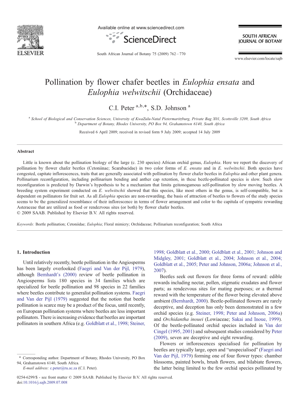 Pollination by Flower Chafer Beetles in Eulophia Ensata and Eulophia Welwitschii (Orchidaceae) ⁎ C.I