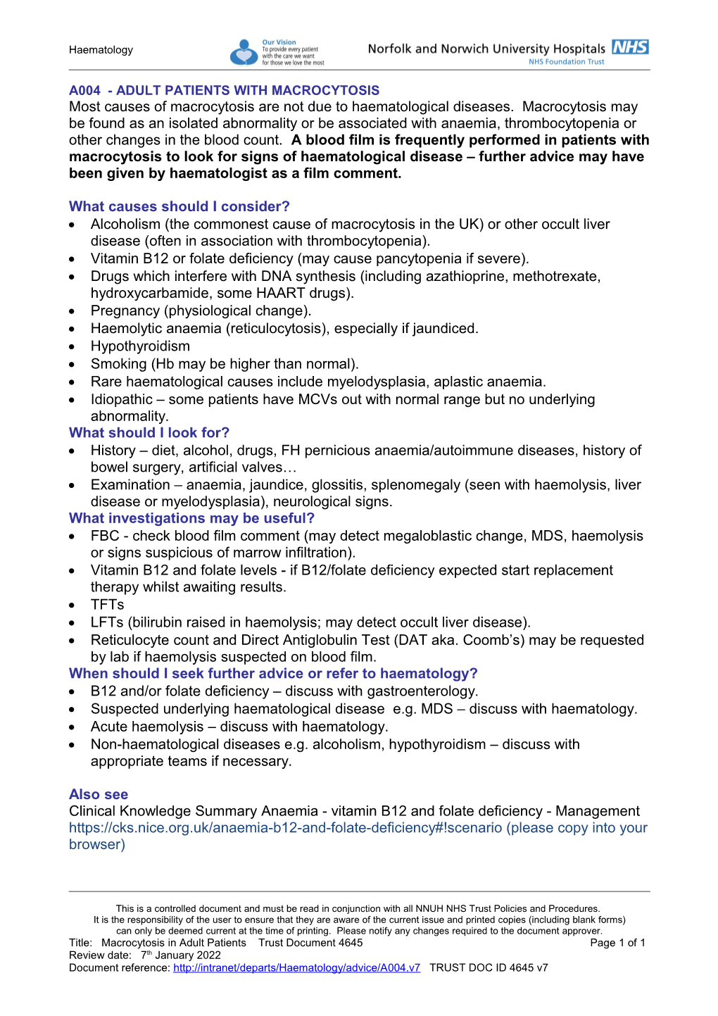 A004 - ADULT PATIENTS with MACROCYTOSIS Most Causes of Macrocytosis Are Not Due to Haematological Diseases