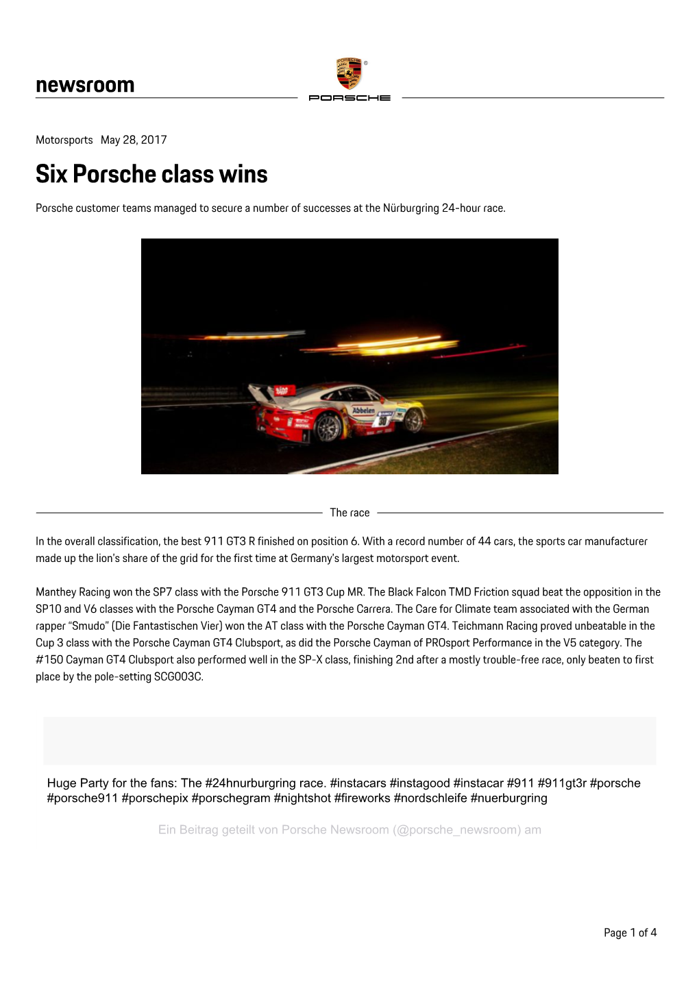 Six Porsche Class Wins Porsche Customer Teams Managed to Secure a Number of Successes at the Nürburgring 24-Hour Race