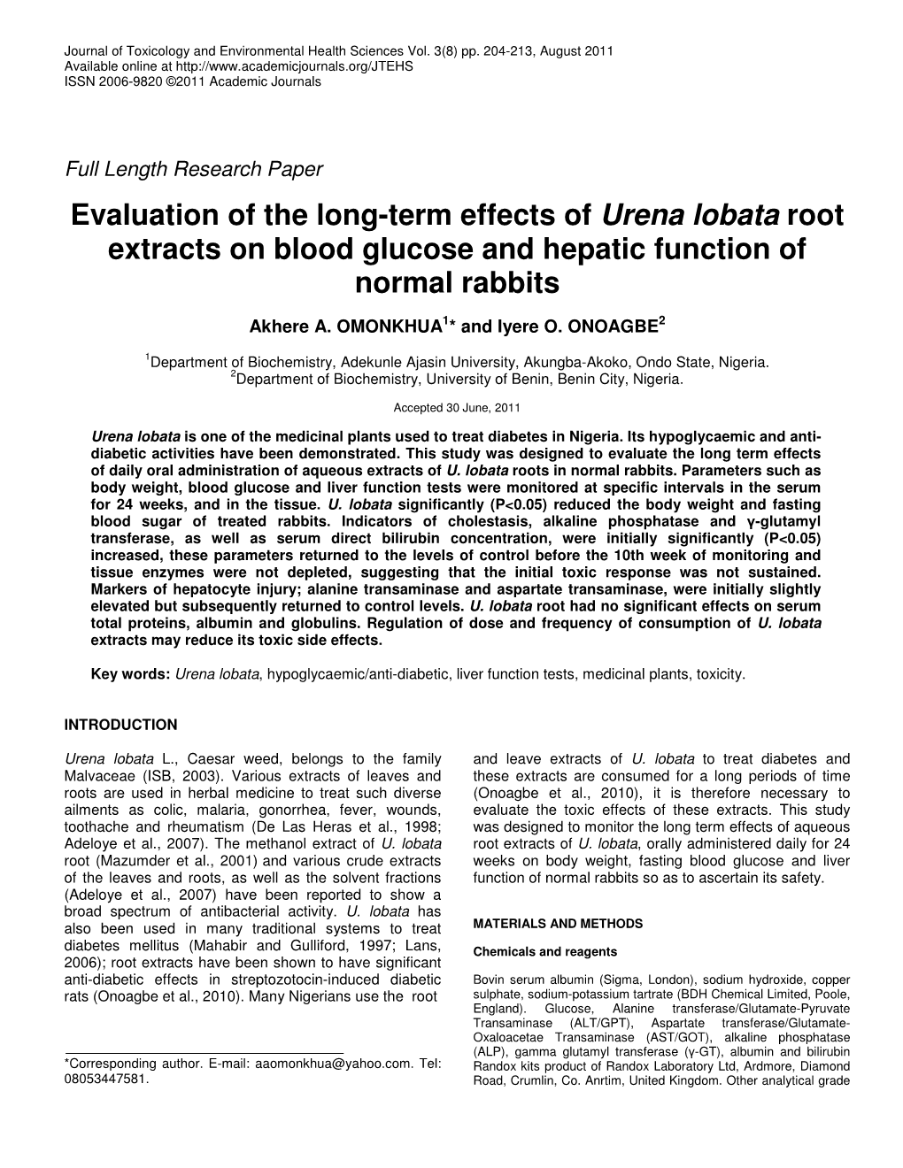 Evaluation of the Long-Term Effects of Urena Lobata Root Extracts on Blood Glucose and Hepatic Function of Normal Rabbits