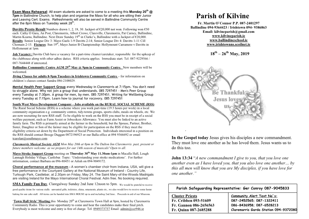 Parish Newsletter – 19Th May, 2019