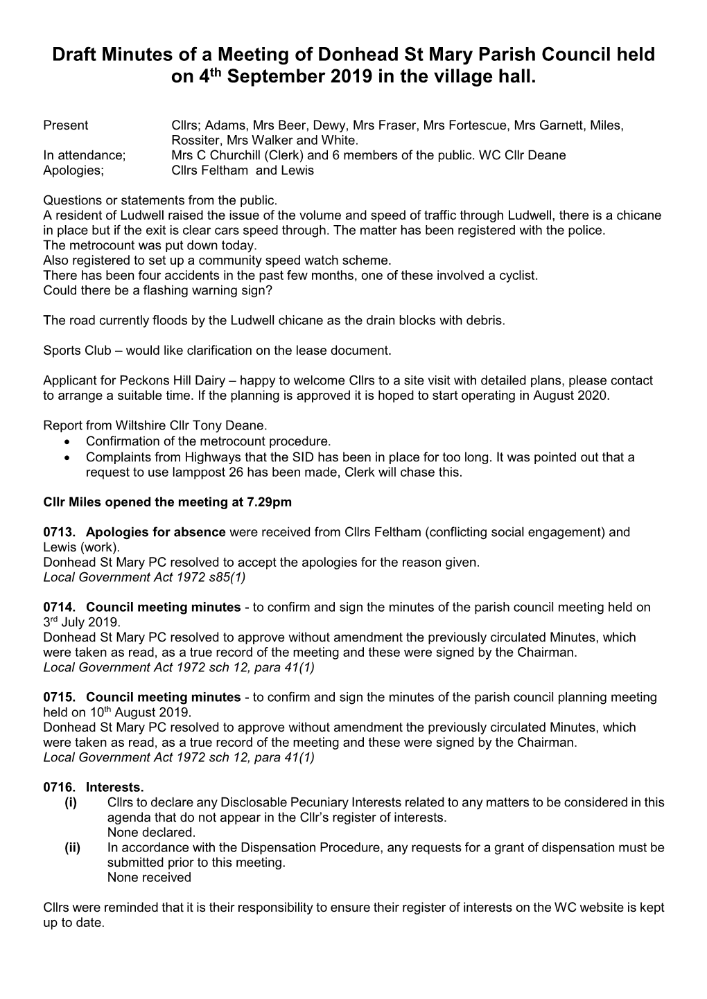 Draft Minutes of a Meeting of Donhead St Mary Parish Council Held on 4Th September 2019 in the Village Hall