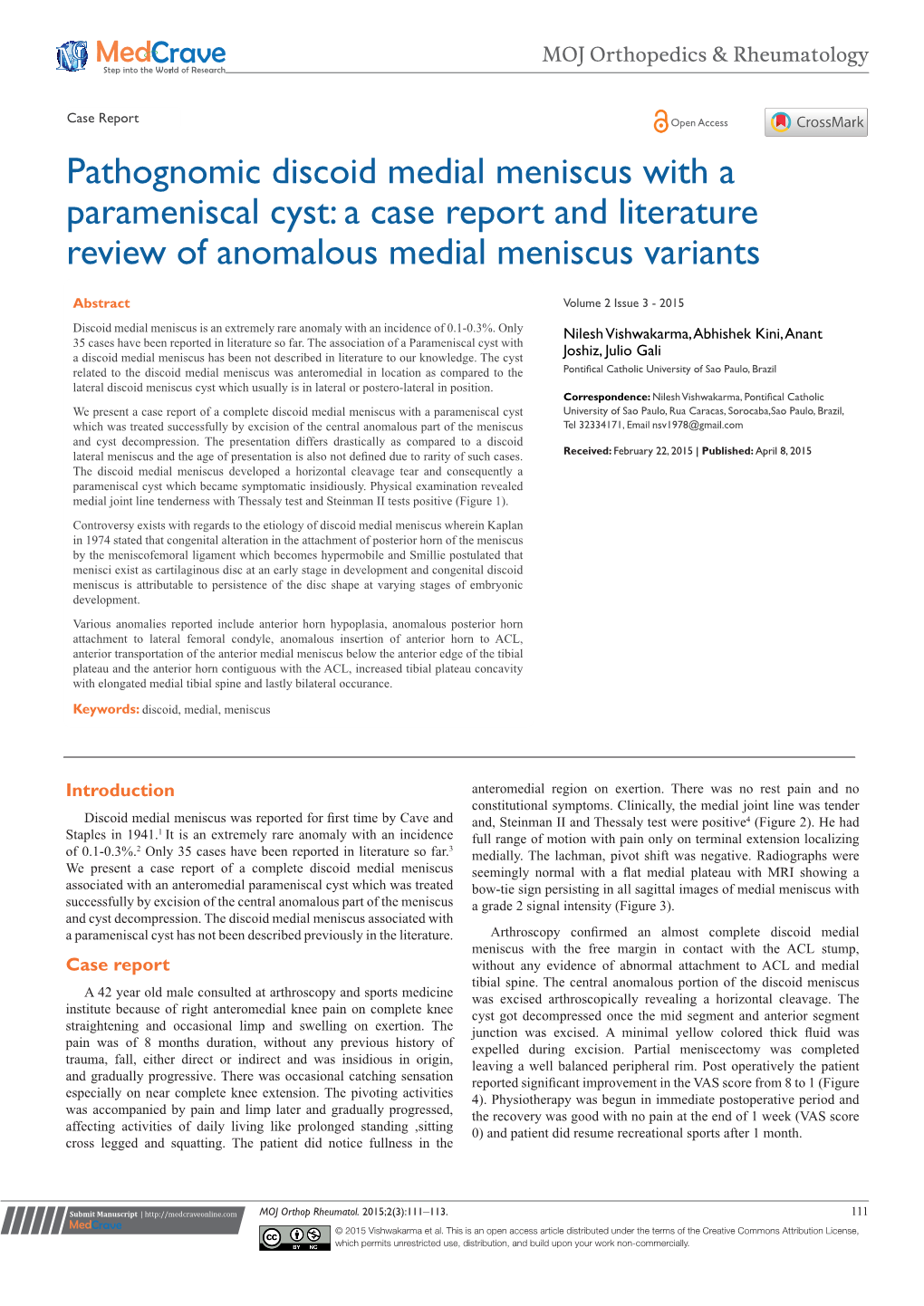 Pathognomic Discoid Medial Meniscus with a Parameniscal Cyst: a Case Report and Literature Review of Anomalous Medial Meniscus Variants