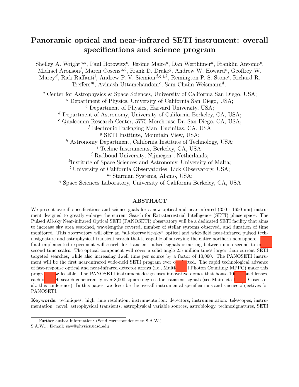 Panoramic Optical and Near-Infrared SETI Instrument: Overall Speciﬁcations and Science Program