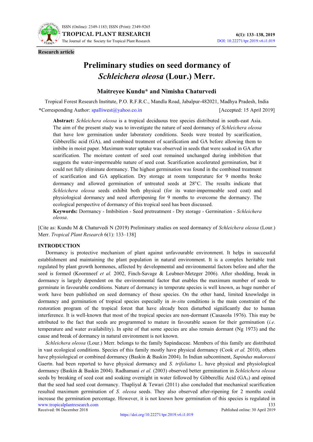 Preliminary Studies on Seed Dormancy of Schleichera Oleosa (Lour.) Merr