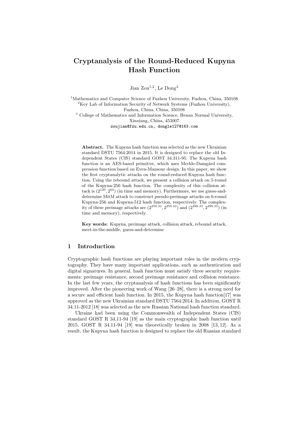 Cryptanalysis of the Round-Reduced Kupyna Hash Function