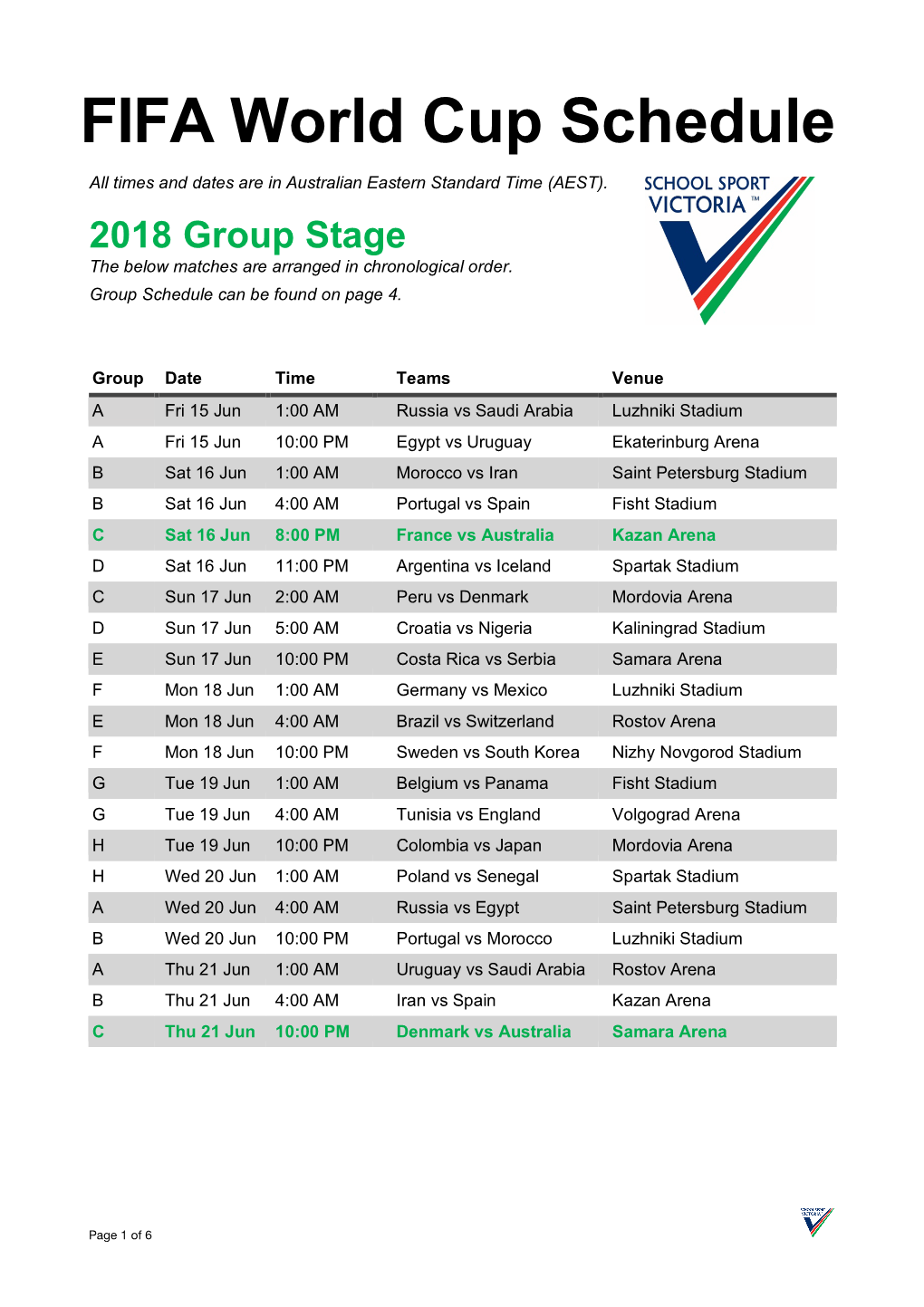 FIFA World Cup Schedule