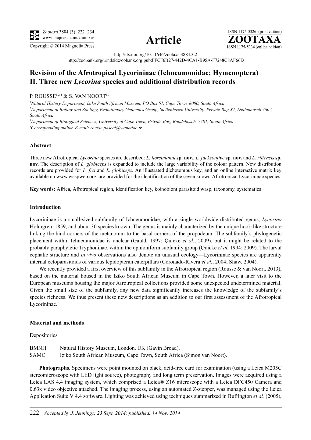 Revision of the Afrotropical Lycorininae (Ichneumonidae; Hymenoptera) II. Three New Lycorina Species and Additional Distribution Records