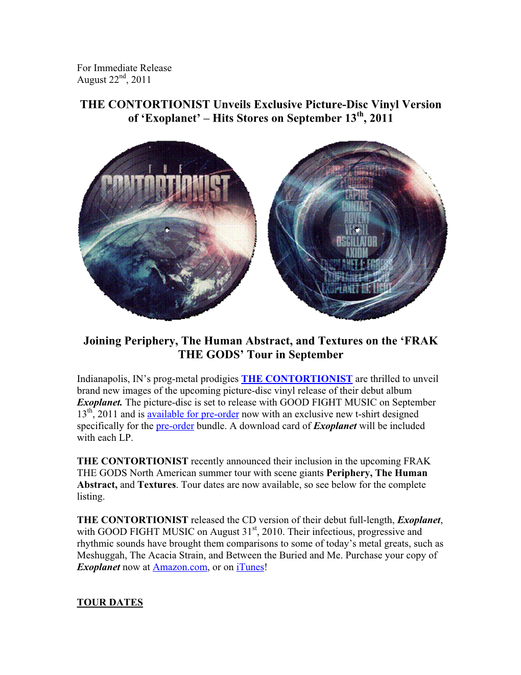 THE CONTORTIONIST Unveils Exclusive Picture-Disc Vinyl Version of ‘Exoplanet’ – Hits Stores on September 13Th, 2011