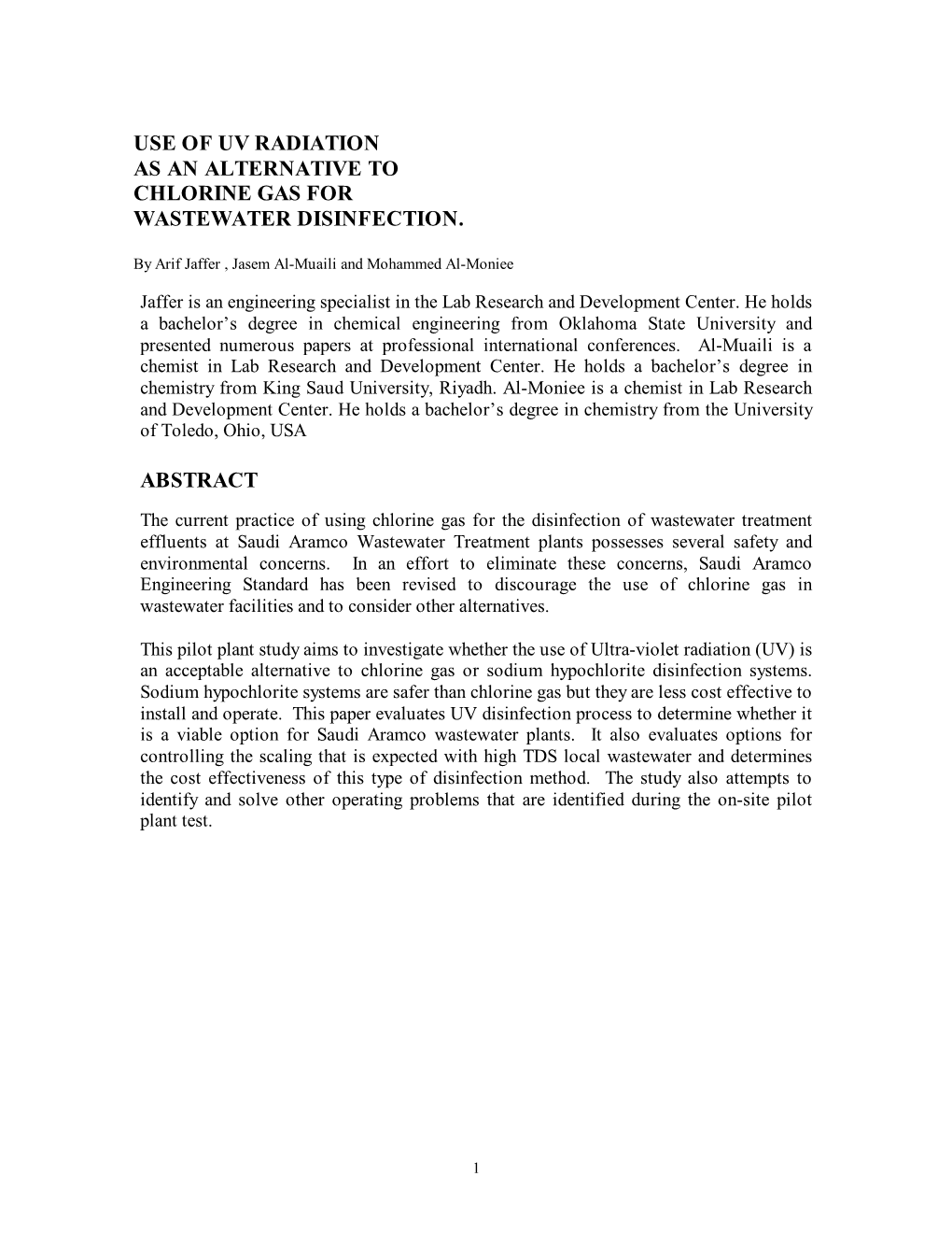 Use of Uv Radiation As an Alternative to Chlorine Gas for Wastewater Disinfection