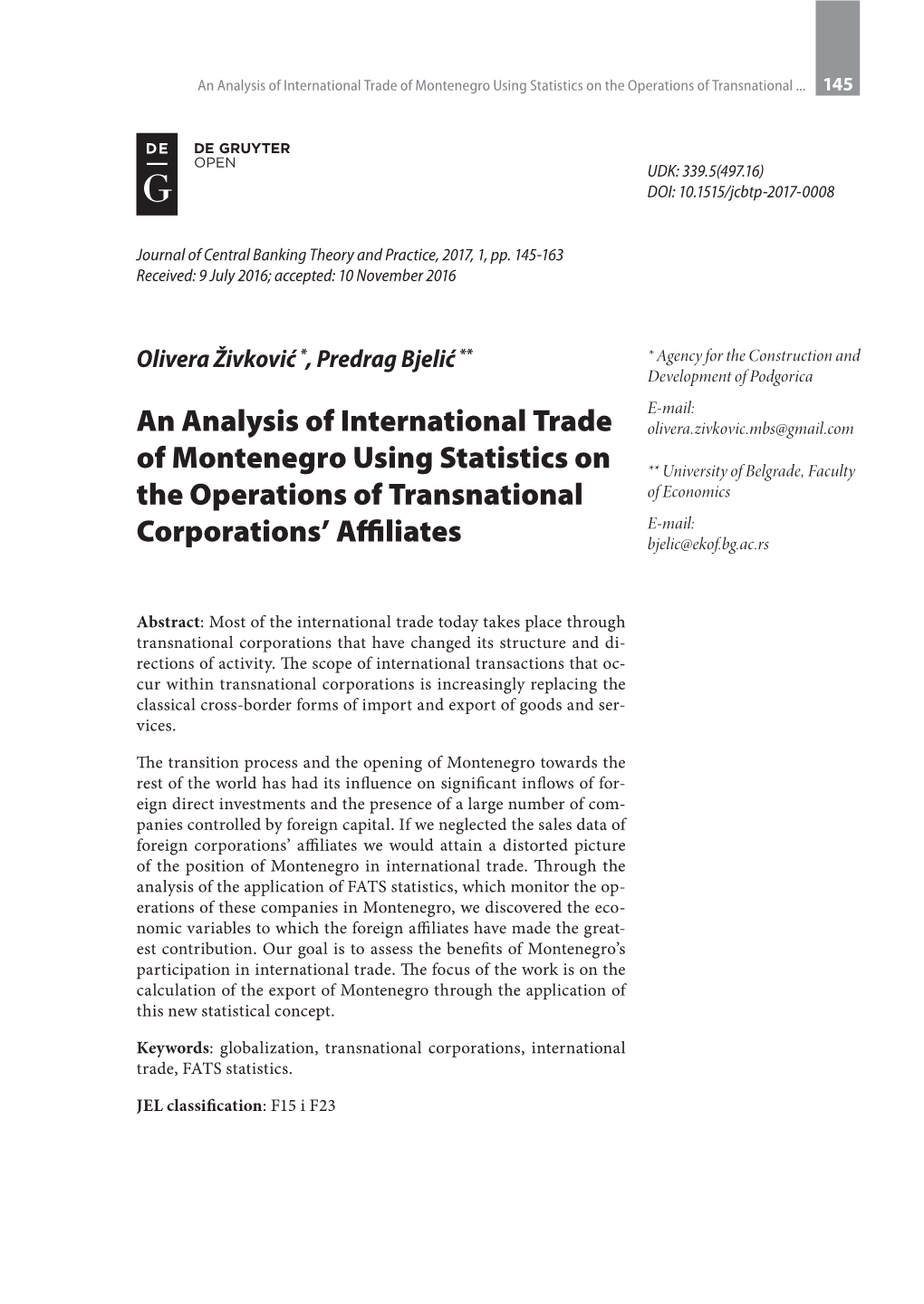 An Analysis of International Trade of Montenegro Using Statistics on the Operations of Transnational