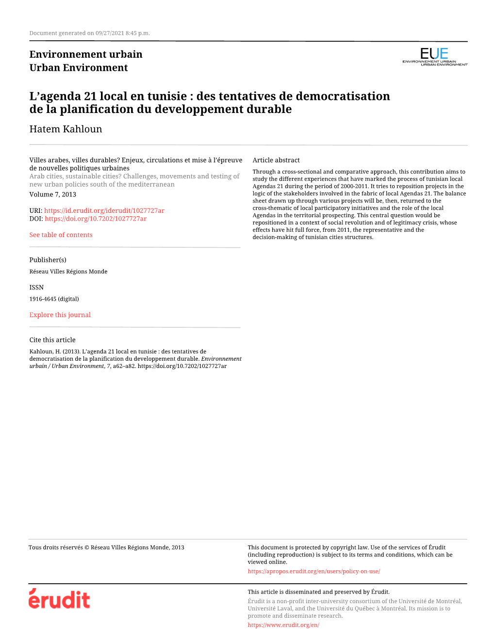 L'agenda 21 Local En Tunisie : Des Tentatives