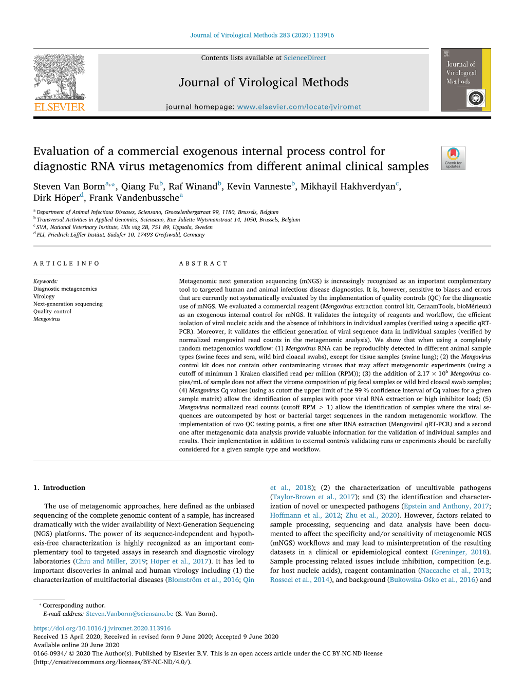 Evaluation of a Commercial Exogenous Internal Process Control for Diagnostic RNA Virus Metagenomics from Diﬀerent Animal Clinical Samples T