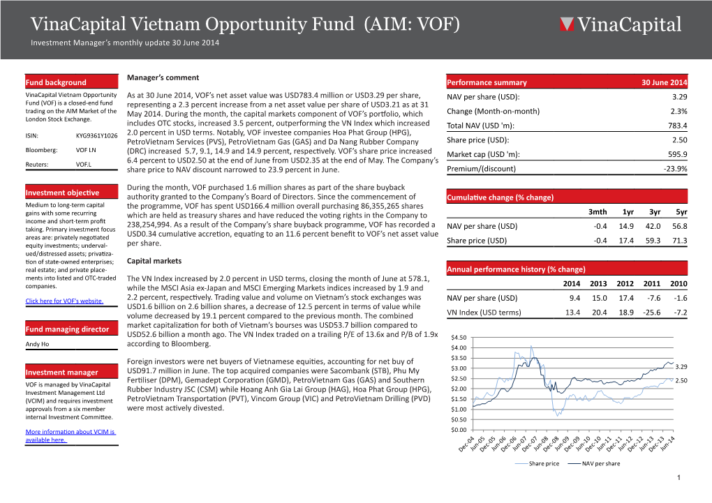 Vinacapital Vietnam Opportunity Fund (AIM: VOF) Investment Manager’S Monthly Update 30 June 2014