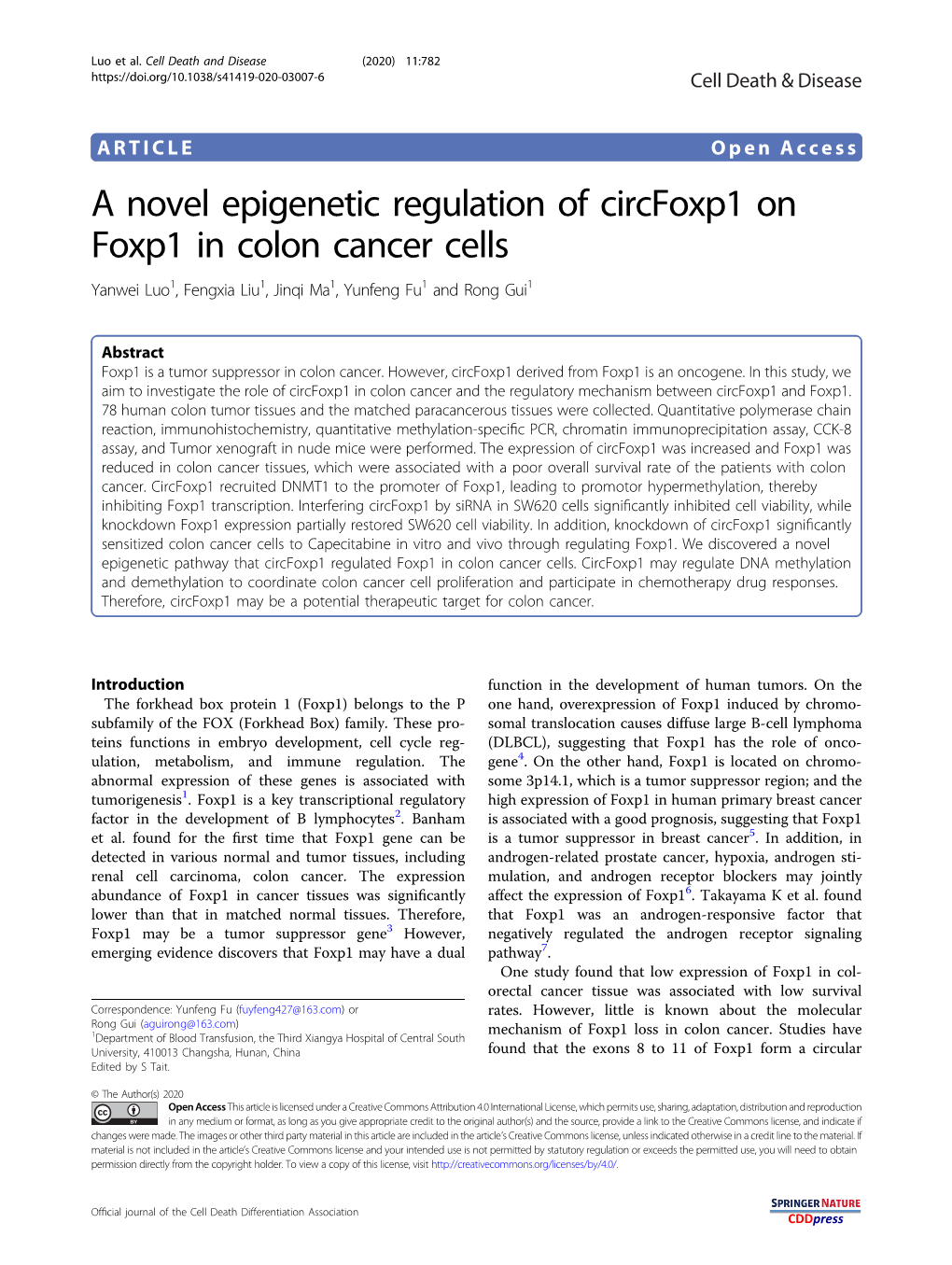 A Novel Epigenetic Regulation of Circfoxp1 on Foxp1 in Colon Cancer Cells Yanwei Luo1, Fengxia Liu1,Jinqima1,Yunfengfu1 and Rong Gui1